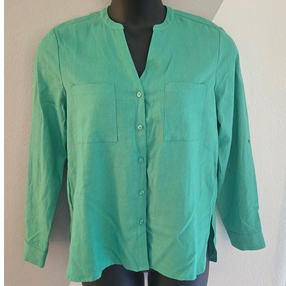 Nine West linen blend roll tab button down blouse S